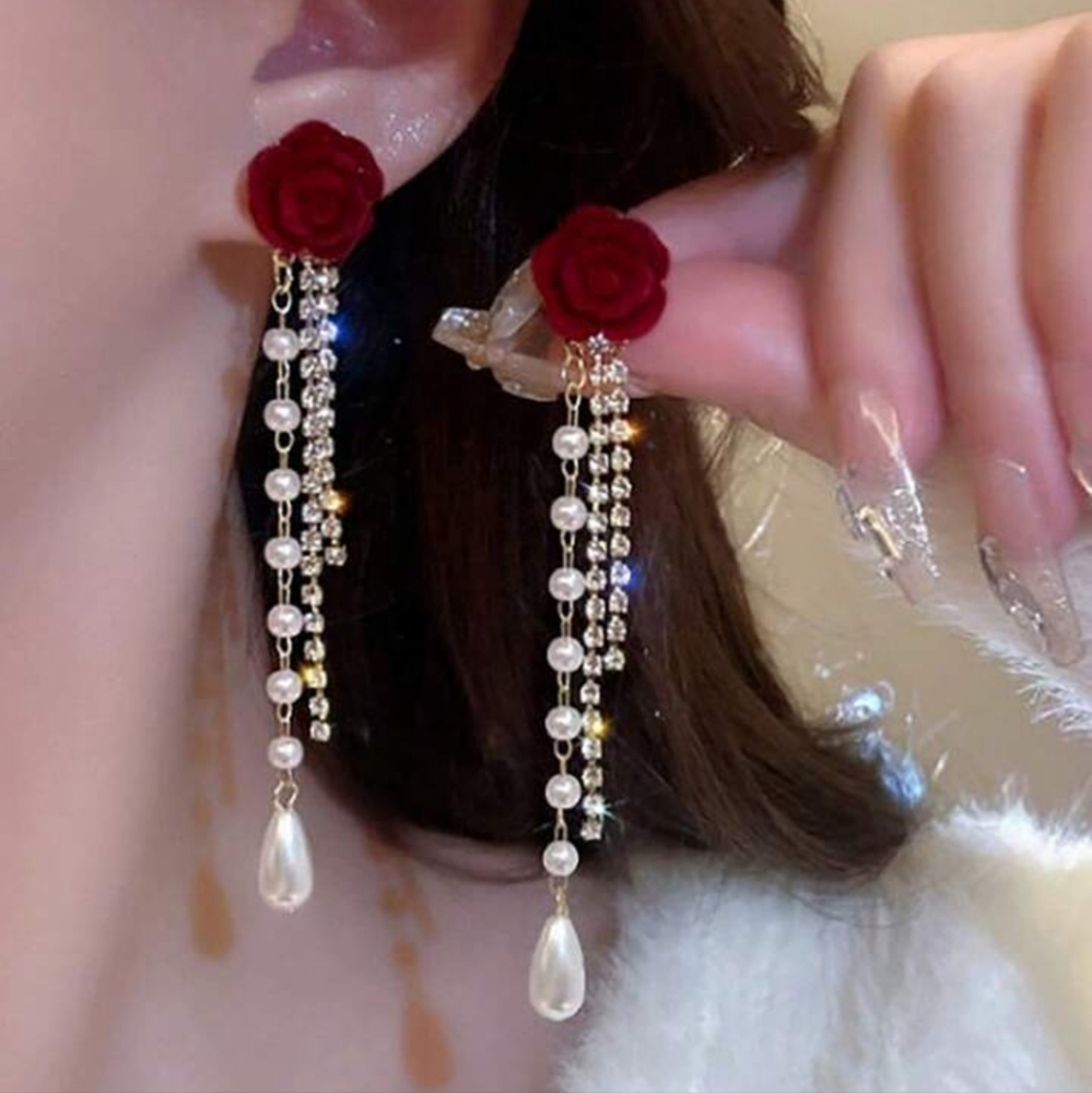 Elegant Red Rose Pearl & Rhinestone Drop Earrings